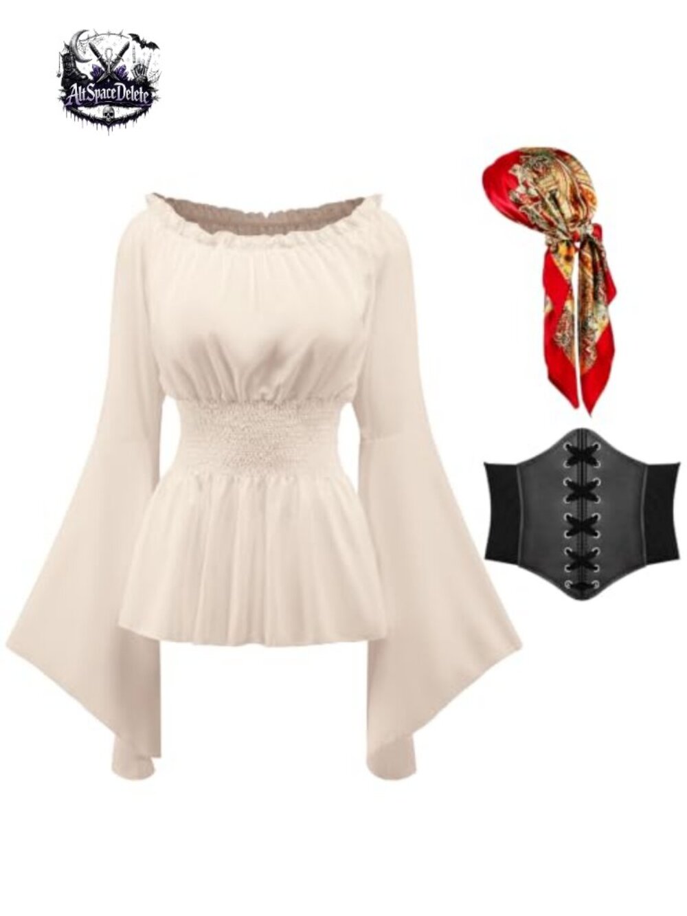 Pirate Costume Women Blouse Corset Belt & Headscarf Renaissance Top